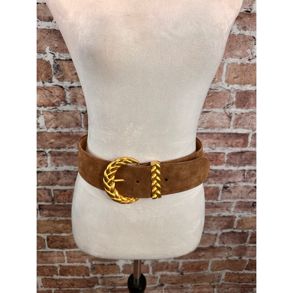 Anne Klein for Calderon Brown Suede Wide Waist Belt Gold Braided Buckle Medium - Picture 2 of 11